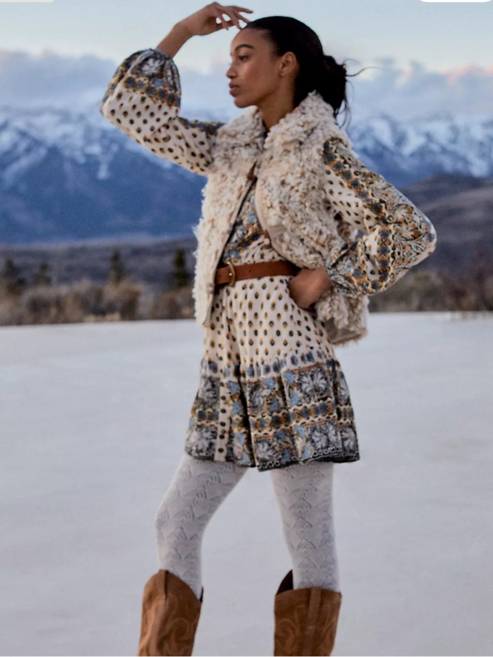 Anthropologie Cream Floral-Print Tie-Waist Long Sleeve Dress